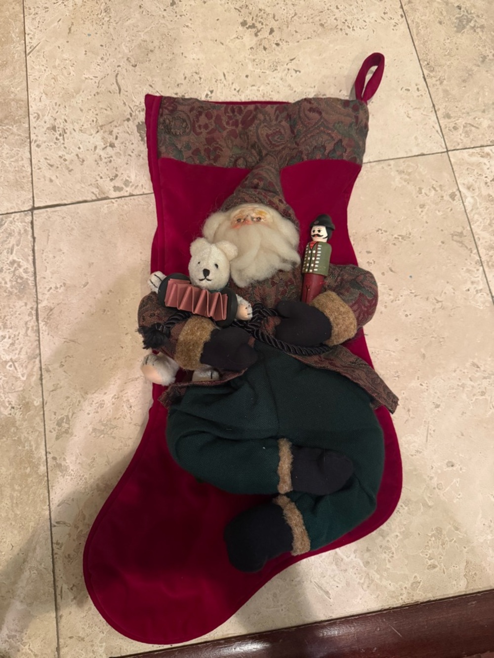 Vtg House Of Hatten Christmas Stocking 3D Santa Teddy Bear Velvet 20”